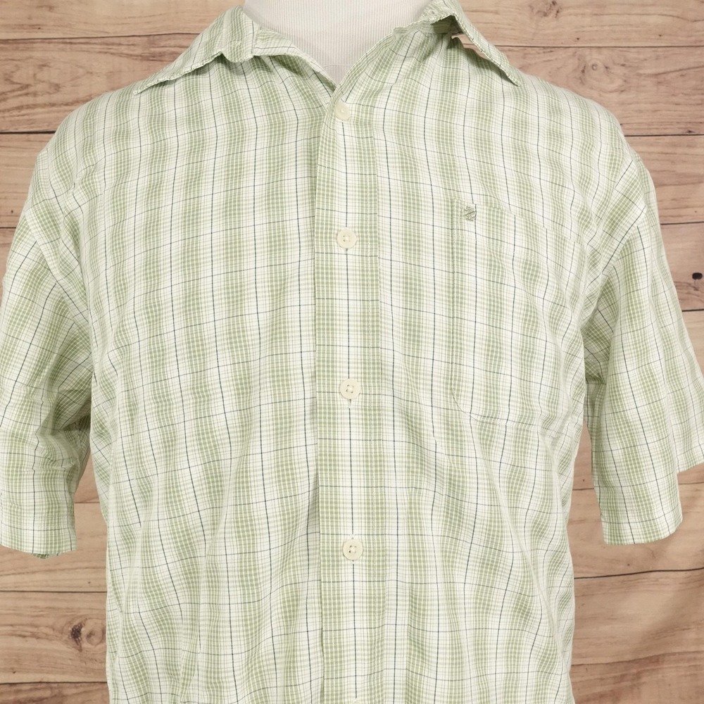 IZOD Shirt Mens L Green Plaid Short Sleeve Button-Up Luxury Sport Rayon Casual